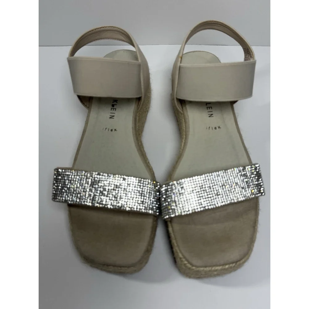 Anne Klein Rhinestone Espadrille Wedge Strappy Sandals Beige Silver Women 7.5M